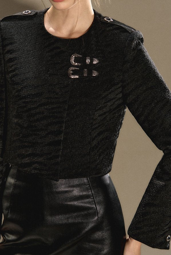 Black Leopard Design Leather Short Belt Jacket OSH0010