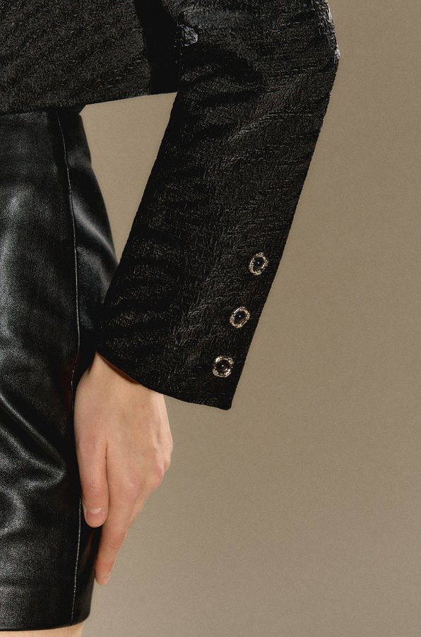 Black Leopard Design Leather Short Belt Jacket OSH0010