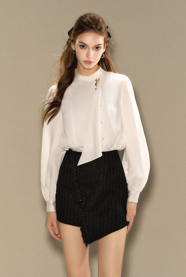 Elegant blouse with long tie design with pearl charms OSH0011