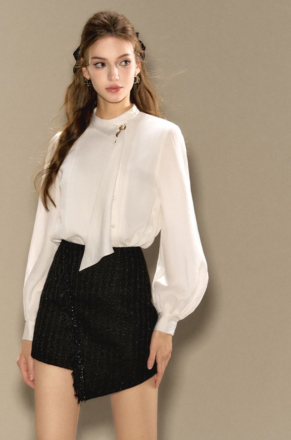 Elegant blouse with long tie design with pearl charms OSH0011