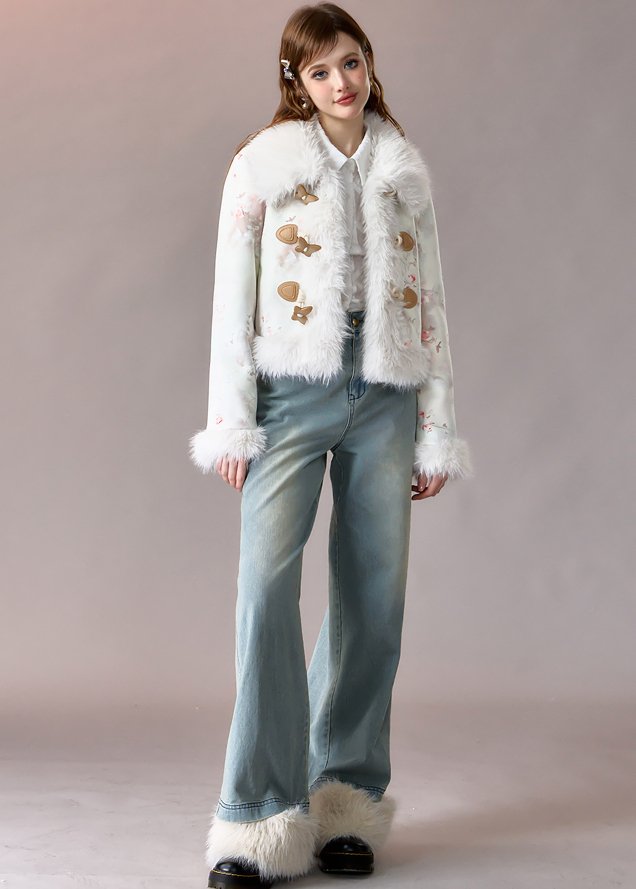 Flower Print Fox Fur Short Jacket & Hem Fur Mini Skirt QDQ0003
