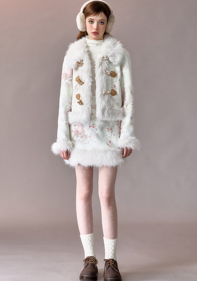 Flower Print Fox Fur Short Jacket & Hem Fur Mini Skirt QDQ0003