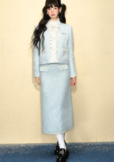 Wool blend no collar ruffle elegance jacket & pocket skirt QDQ0012
