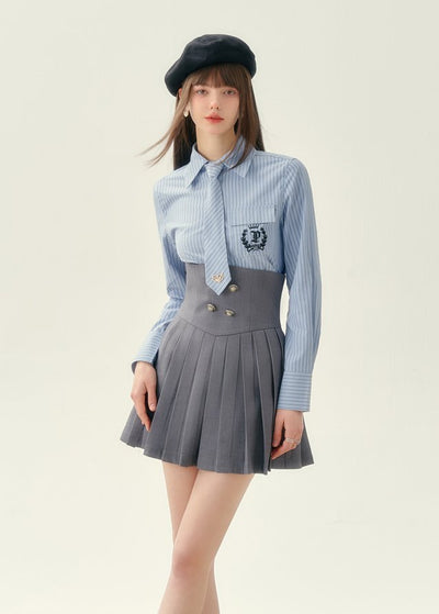 College Style No Collar Short Length Jacket & High Waist Pleated Skirt QDQ0022