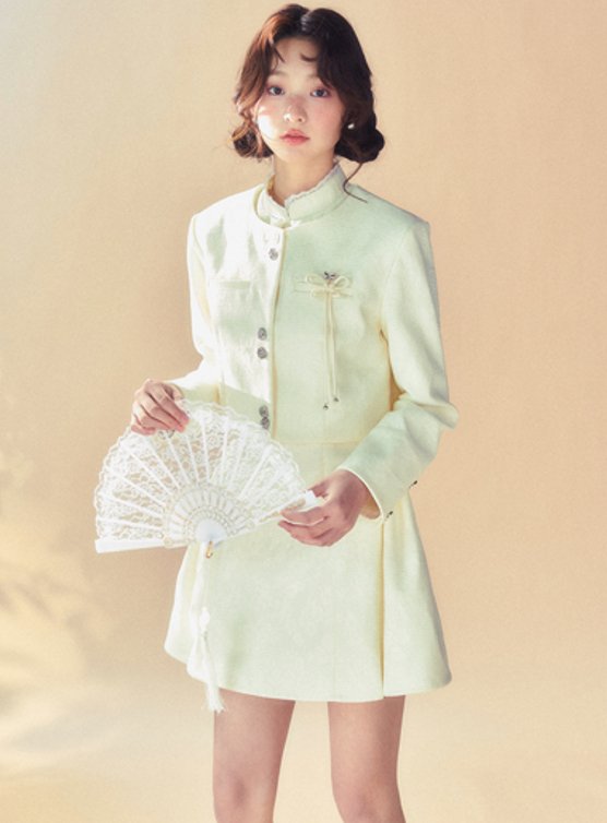 Collarless Short Length Jacket and Ruffle Collar Pleated Chinese Mini Dress SUN0001
