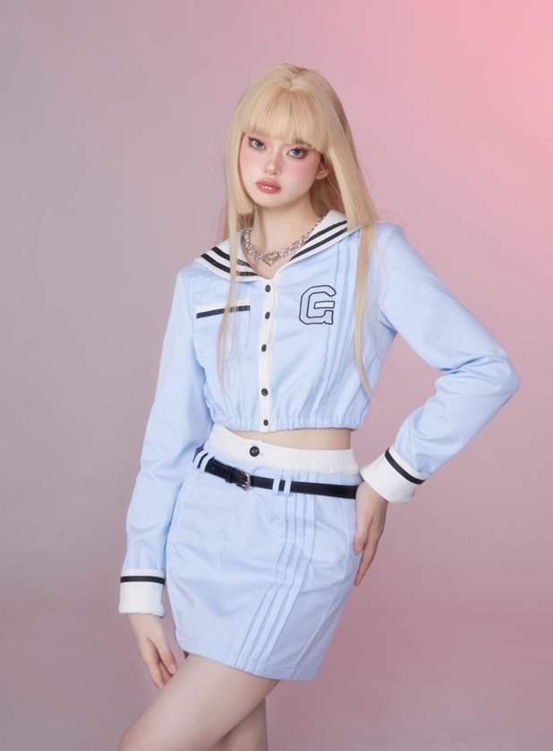 Sailor Short Button Tops & Line Design Mini Skirts GIF0005