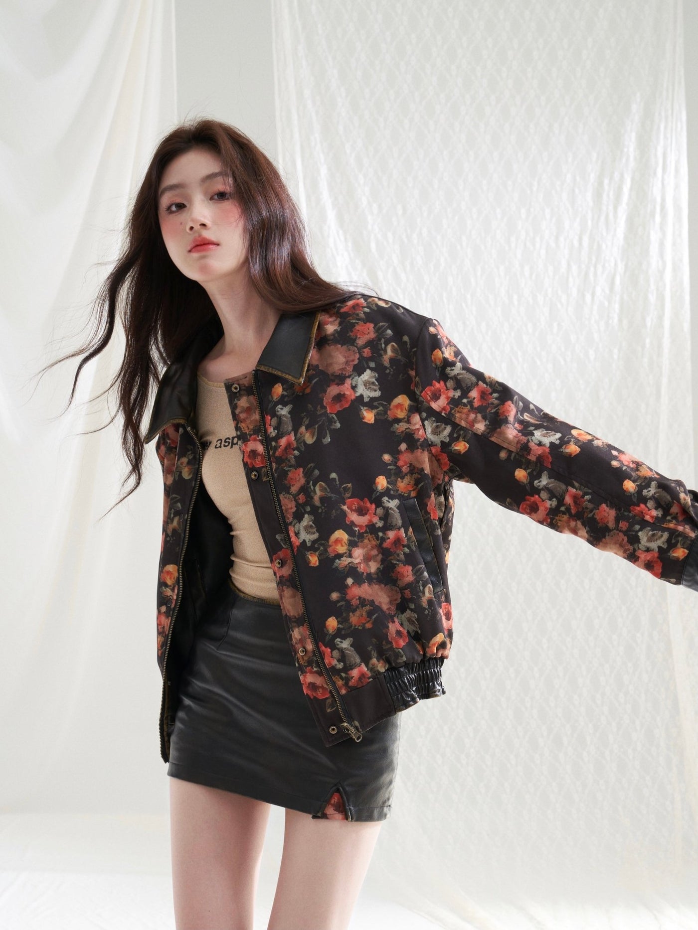 Retro Distressed Leather Reversible Floral Casual Jacket/Skirt RUS0022
