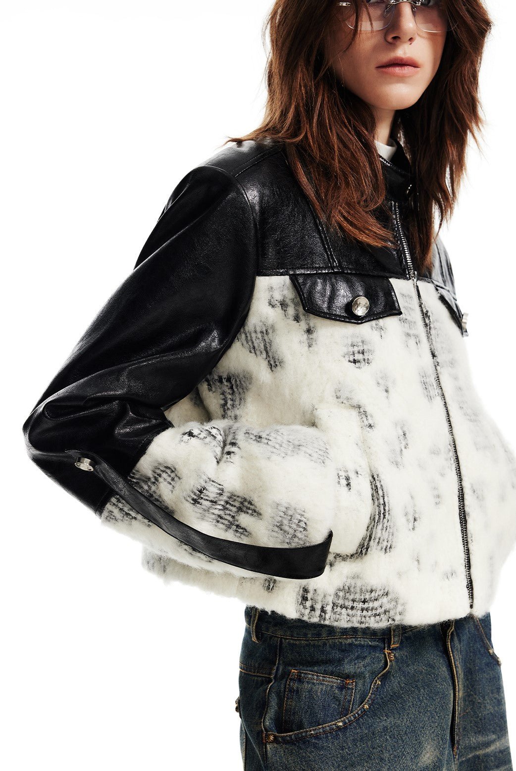 Black And White Woolen Leather Short Jacket WES0131