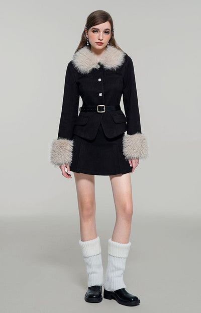 Big Fur Collar Slim Fit Suit Jacket/Skirt WAE0027
