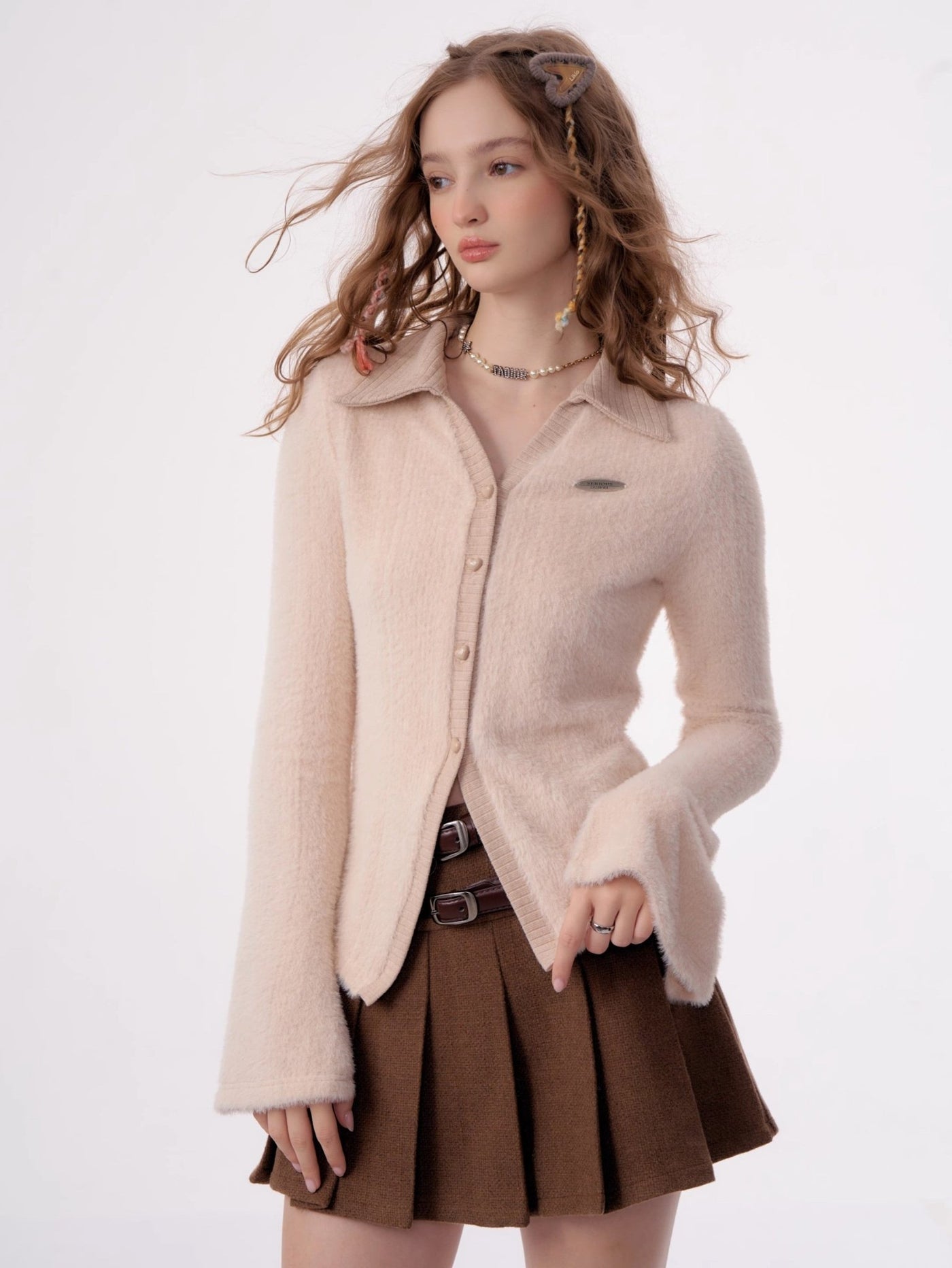 Polo Collar Furry Long-sleeved Cardigan ZIZ0020
