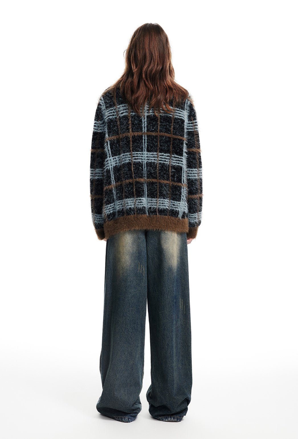 Imitation Mink Loose Lazy Plush Plaid Knitted Cardigan WES0135