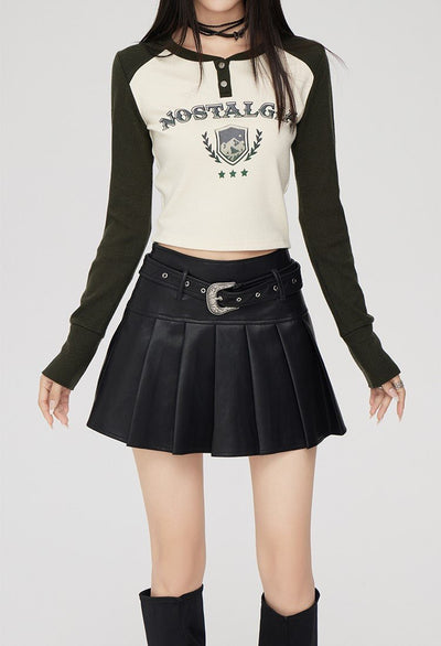 High-waisted Pleated Leather A-line Short Skirt MAC0018