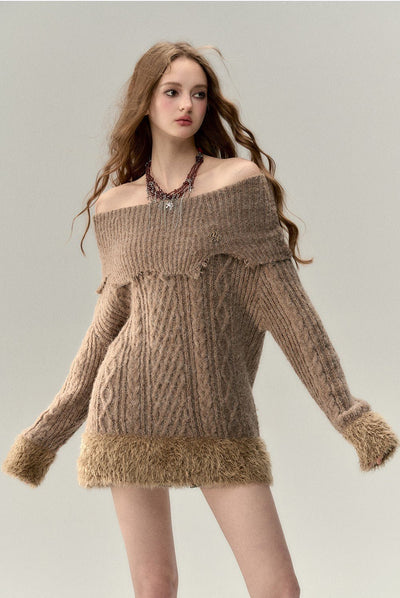 One-shoulder Two-wear Destroyed Sweater Dress VIA0027