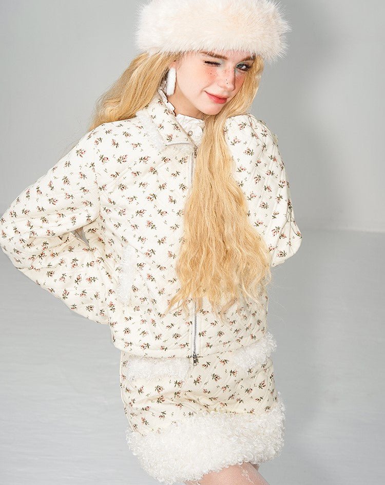 Little Floral High Collar Woolen Cotton Jacket/Skirt WAE0001