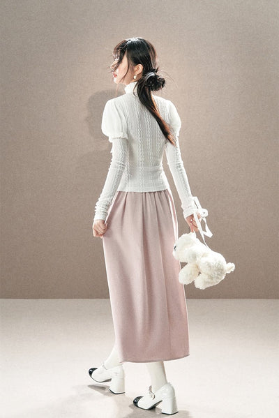 White Bow Puff Sleeve Knitted Shirt UND0001