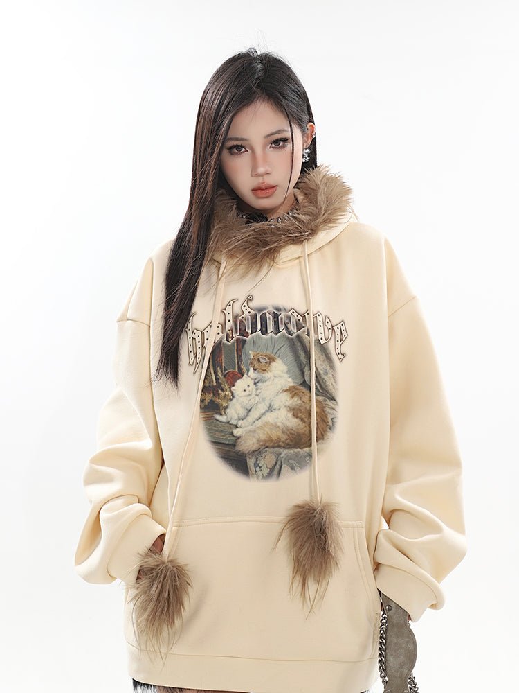 Cat print fur hooded wide top UNC0047