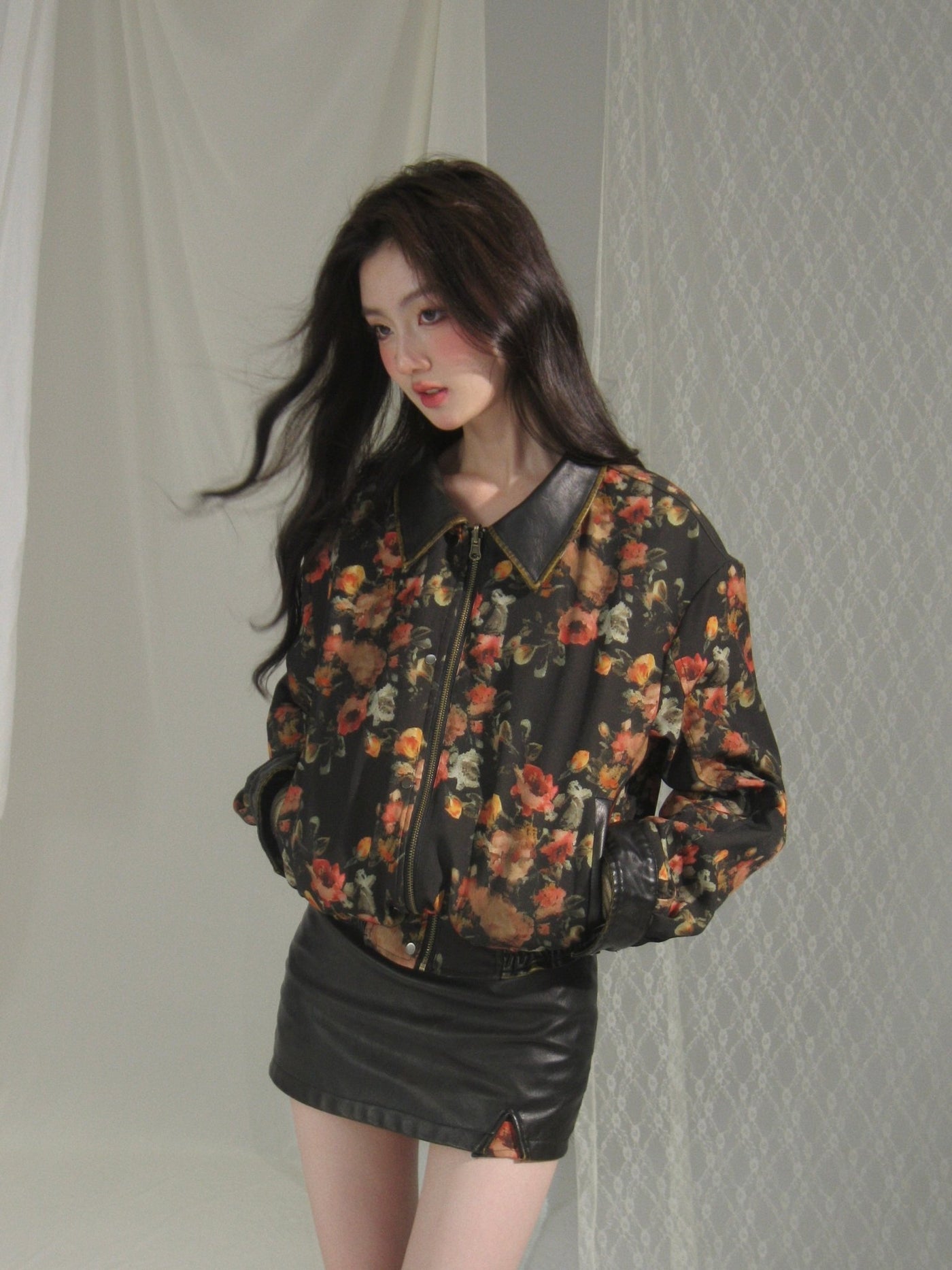 Retro Distressed Leather Reversible Floral Casual Jacket/Skirt RUS0022