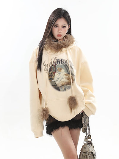 Cat print fur hooded wide top UNC0047