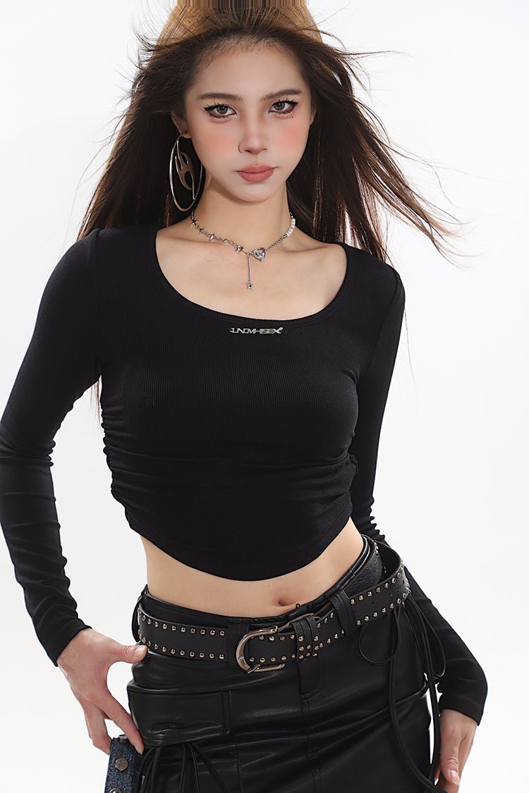 Solid Color Slimming Round Neck High Elastic Long-sleeved T-shirt UNC0021