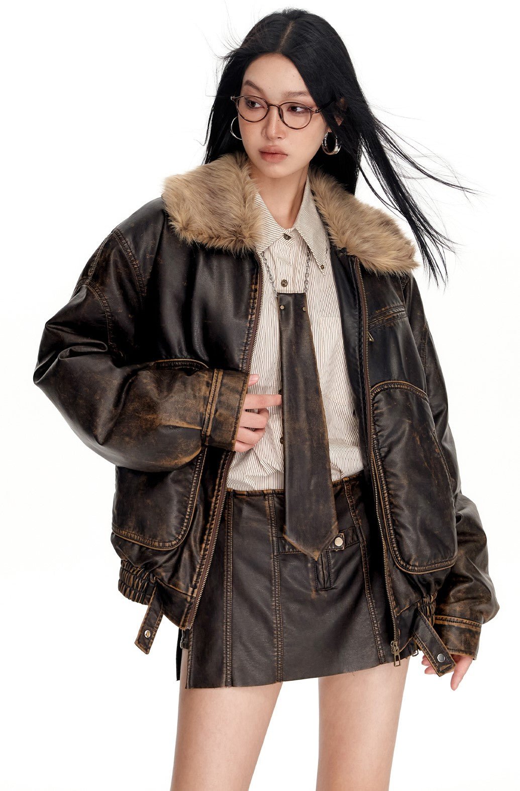 Removable Fur Collar Polished Leather Brown Large Pocket Jacket WES0138