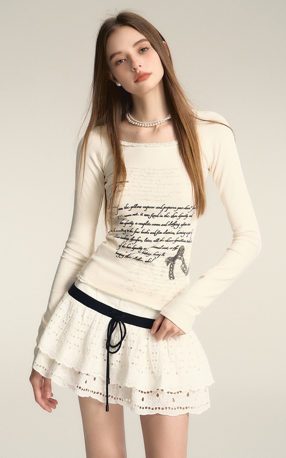 Letter Printed Square Collar Lace Sweater AFF0017