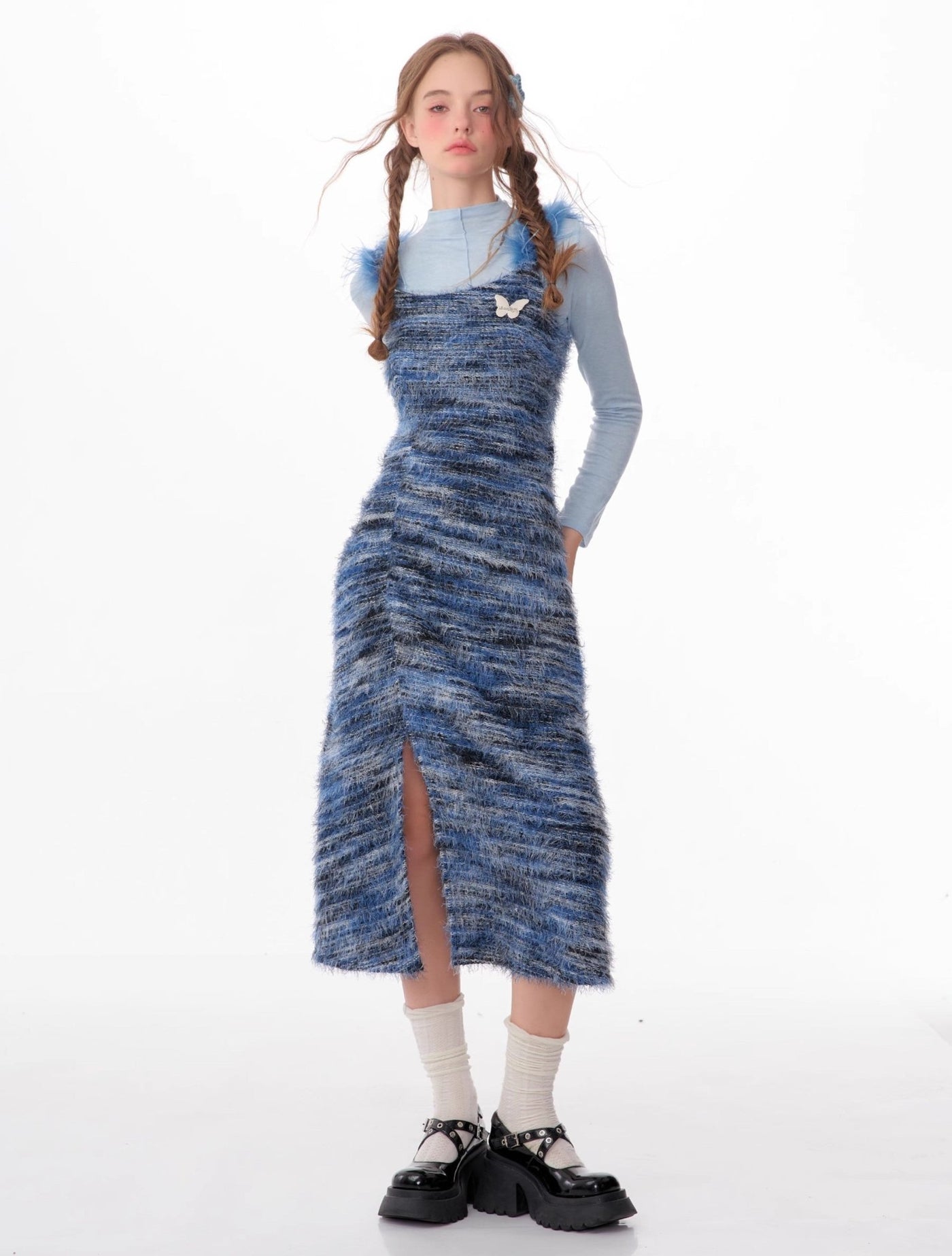 Furry Striped Slimming Suspender Knitted Dress ZIZ0061