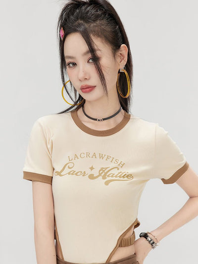 変形バイカラーサイドベルトスリムフィットTシャツ LAC0046
