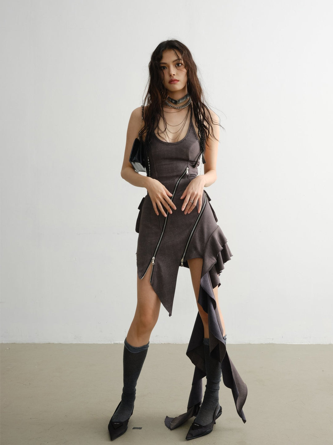 ワンピース jnylon studios Irregular Zipper Decorated Ruffled Washed One-piece JNY0053
