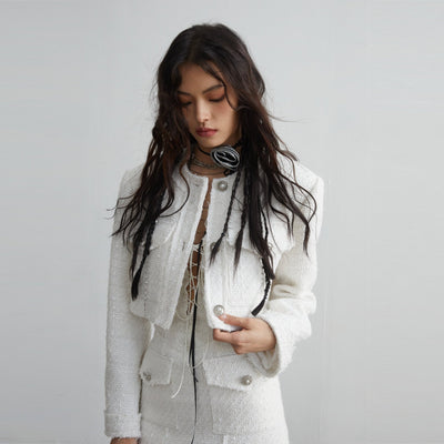 Pure White Retro Elegant Fur Edge Fragrant Short Jacket JNY0058