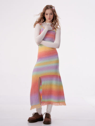 Slim-fitting Rainbow Knitted Bottoming With Suspenders And Slit Dress ZIZ0025