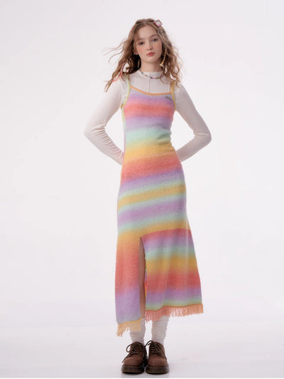 Slim-fitting Rainbow Knitted Bottoming With Suspenders And Slit Dress ZIZ0025