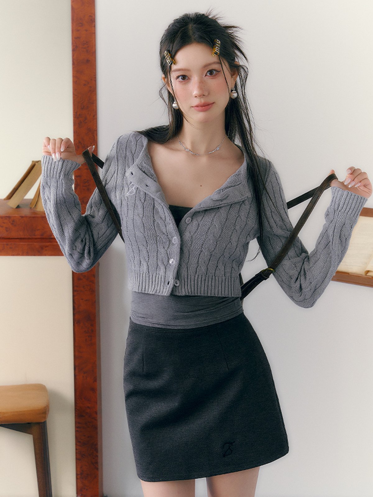 Cropped Cable-Knit Cardigan, Camisole, Mini Skirt and Shirt SHI0017