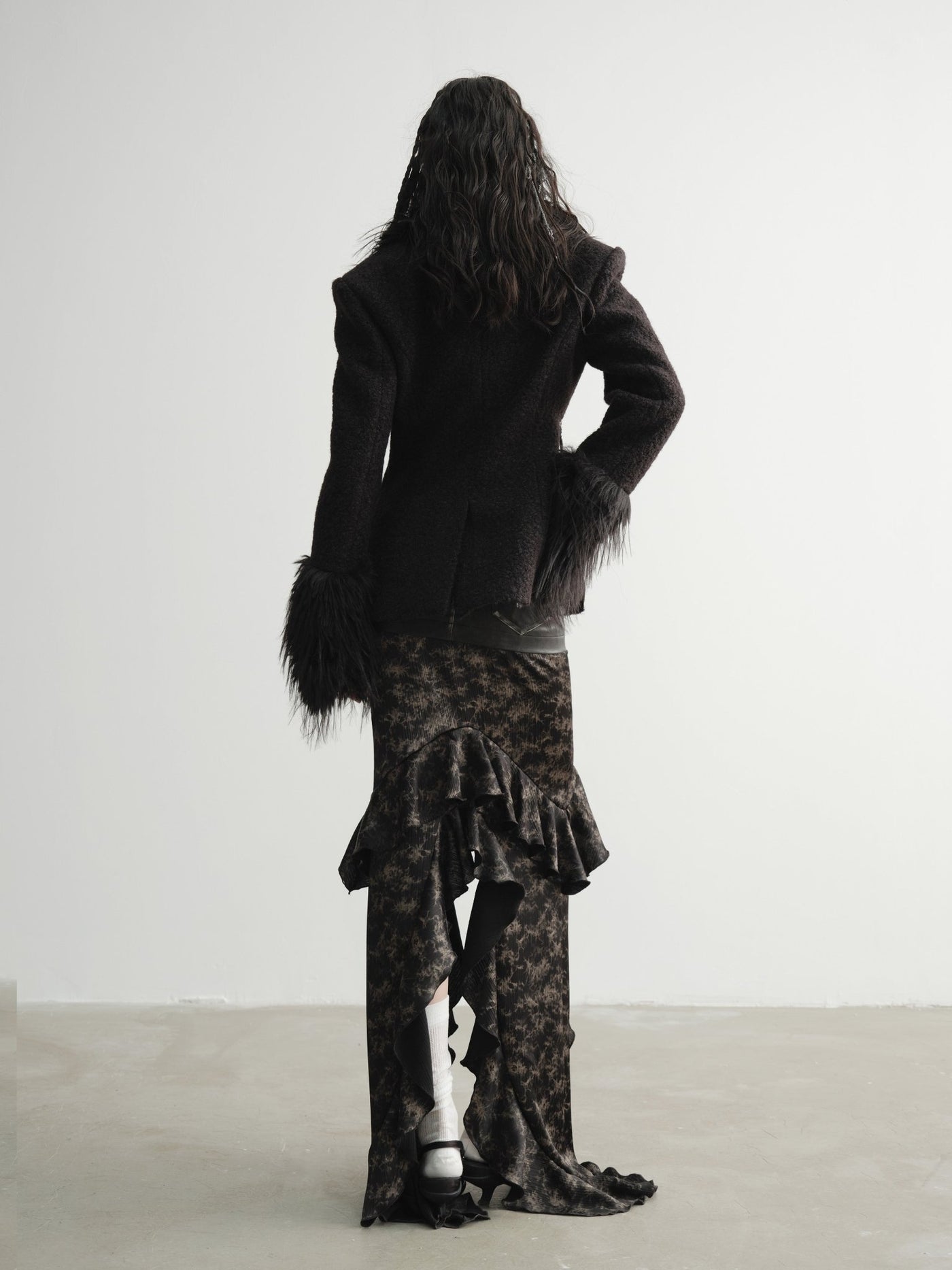 Dark Punk Leather Patchwork Tie-dye Satin Ruffled Skirt JNY0093