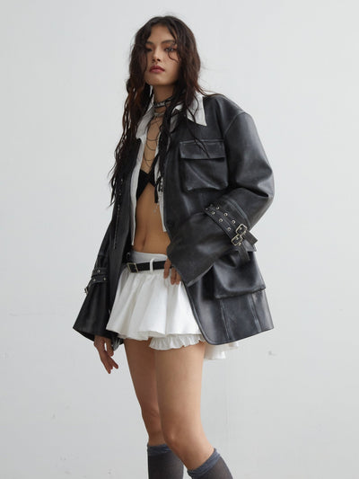 Belt Decoration White Versatile Anti-exposure Ruffled Mini Skirt JNY0061