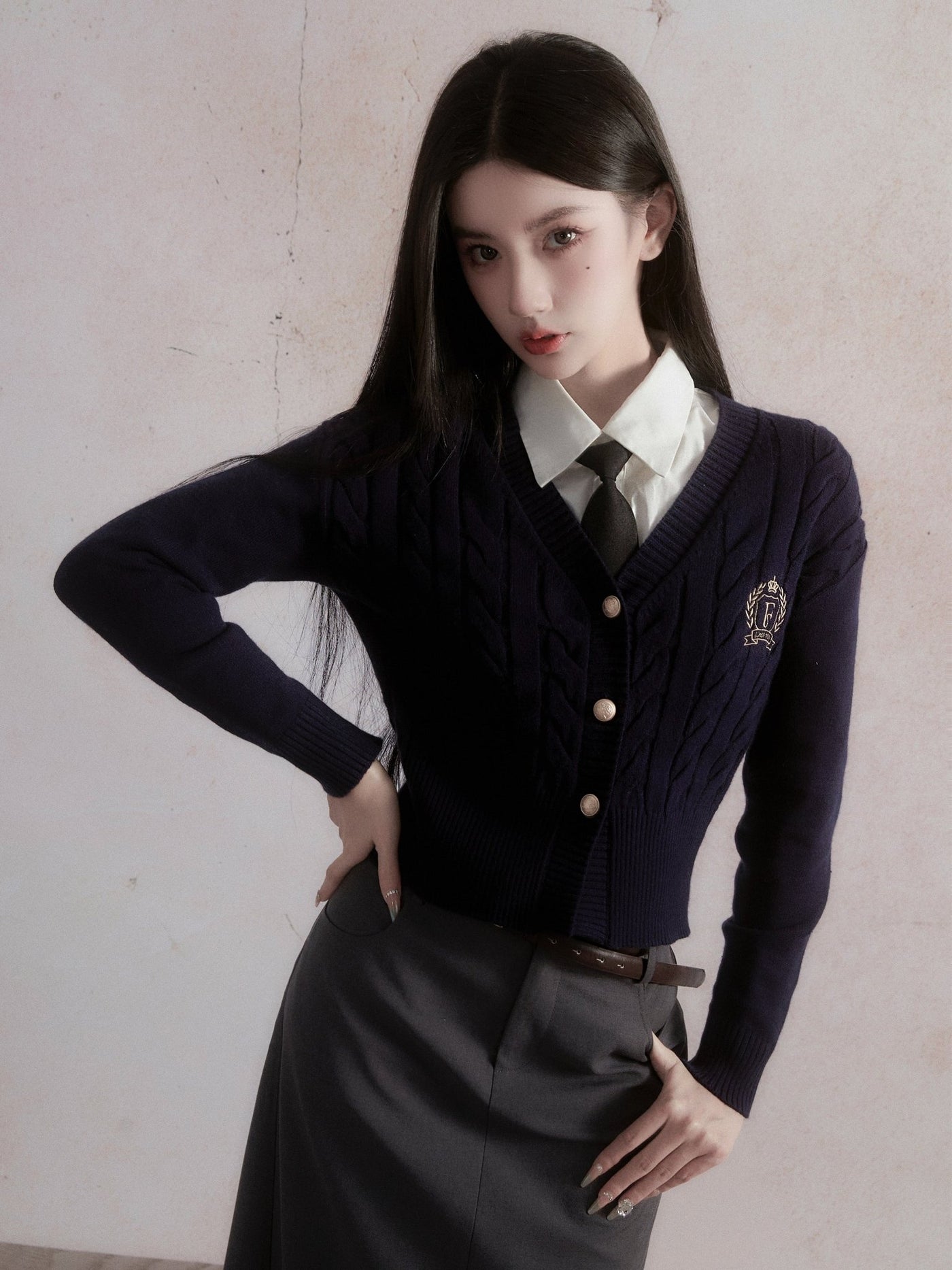 School Style Cable Knit Short Slim Cardigan FRA0042