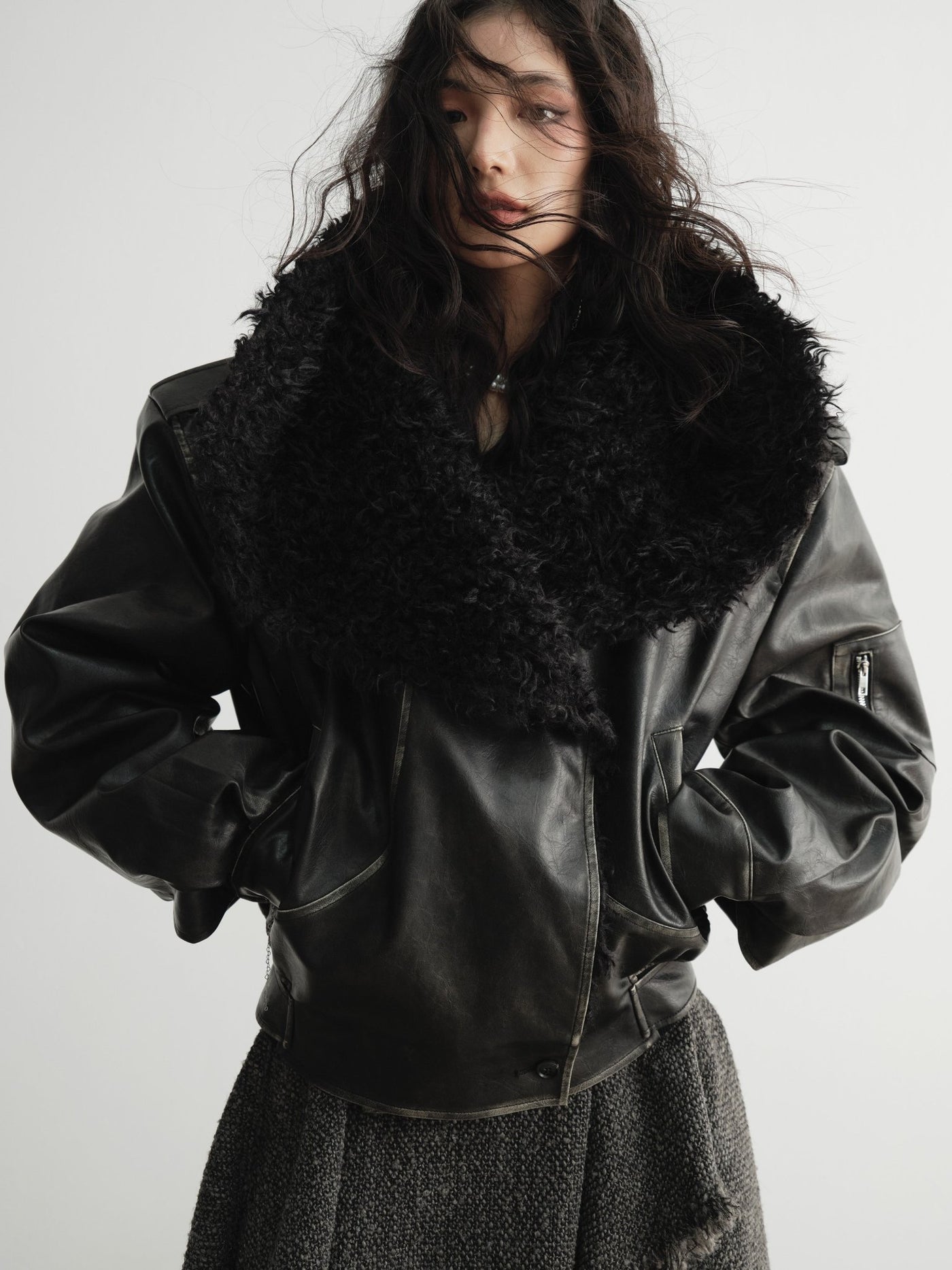 Genderless Wrapped Big Fur Collar Colored Distressed Leather Jacket JNY0095