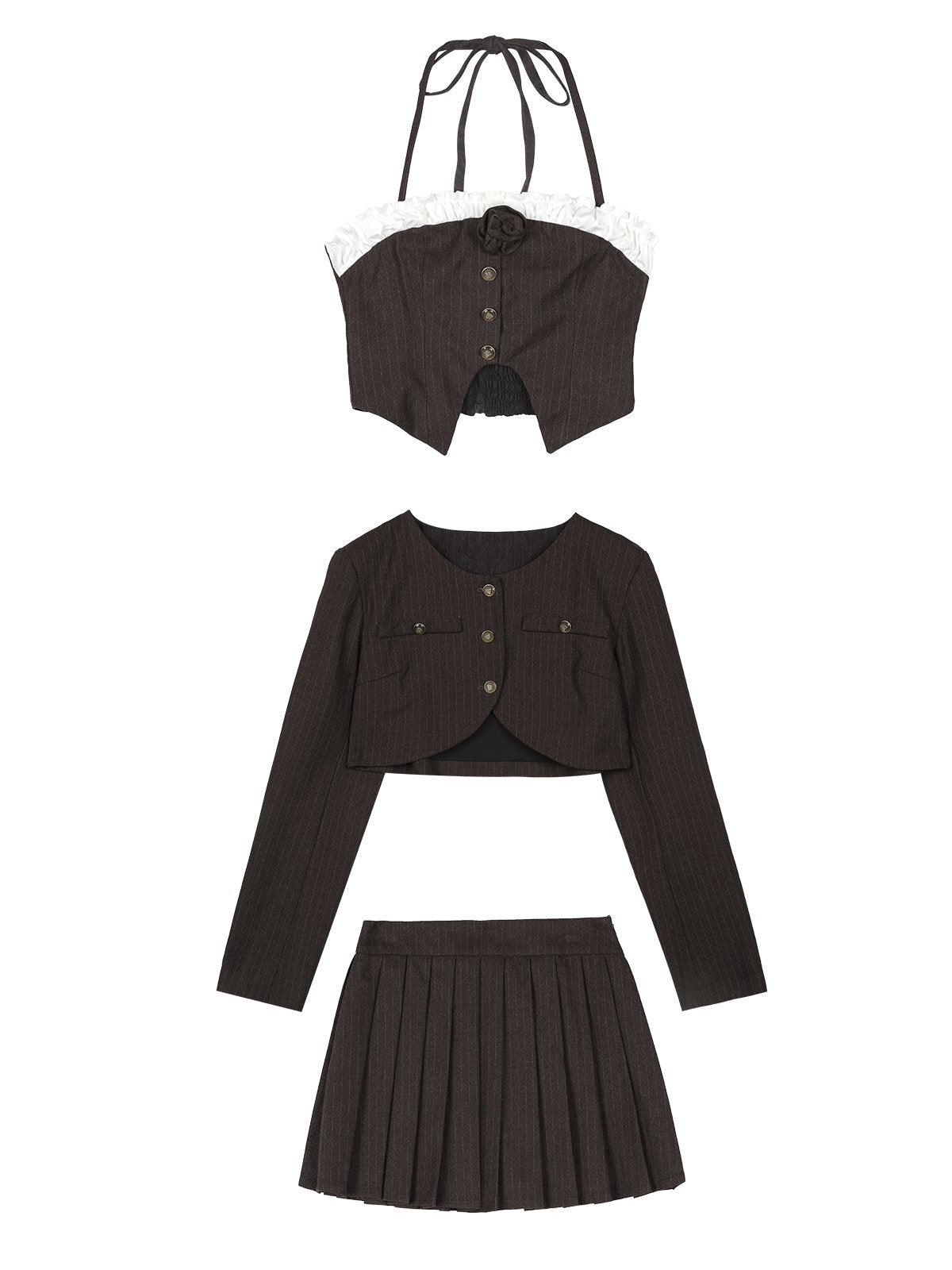 Cropped Collarless Jacket,  Halter-Neck Camisole and Pleated Mini Skirt  SHI0016