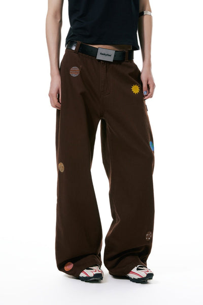 Space embroidery design unisex wide pants FUN0030