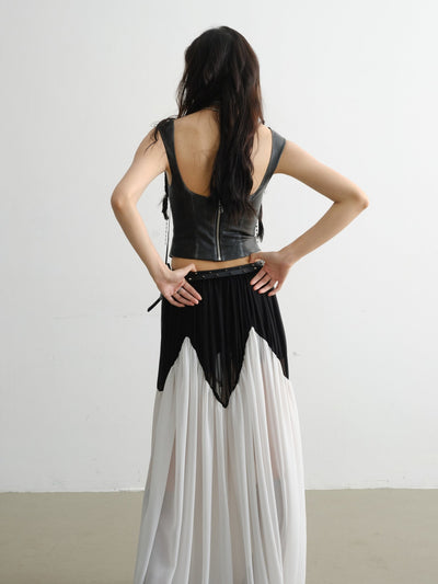 Contrast Stitching Rivet Decorative Belt Extra Long Chiffon Smocked Skirt JNY0066
