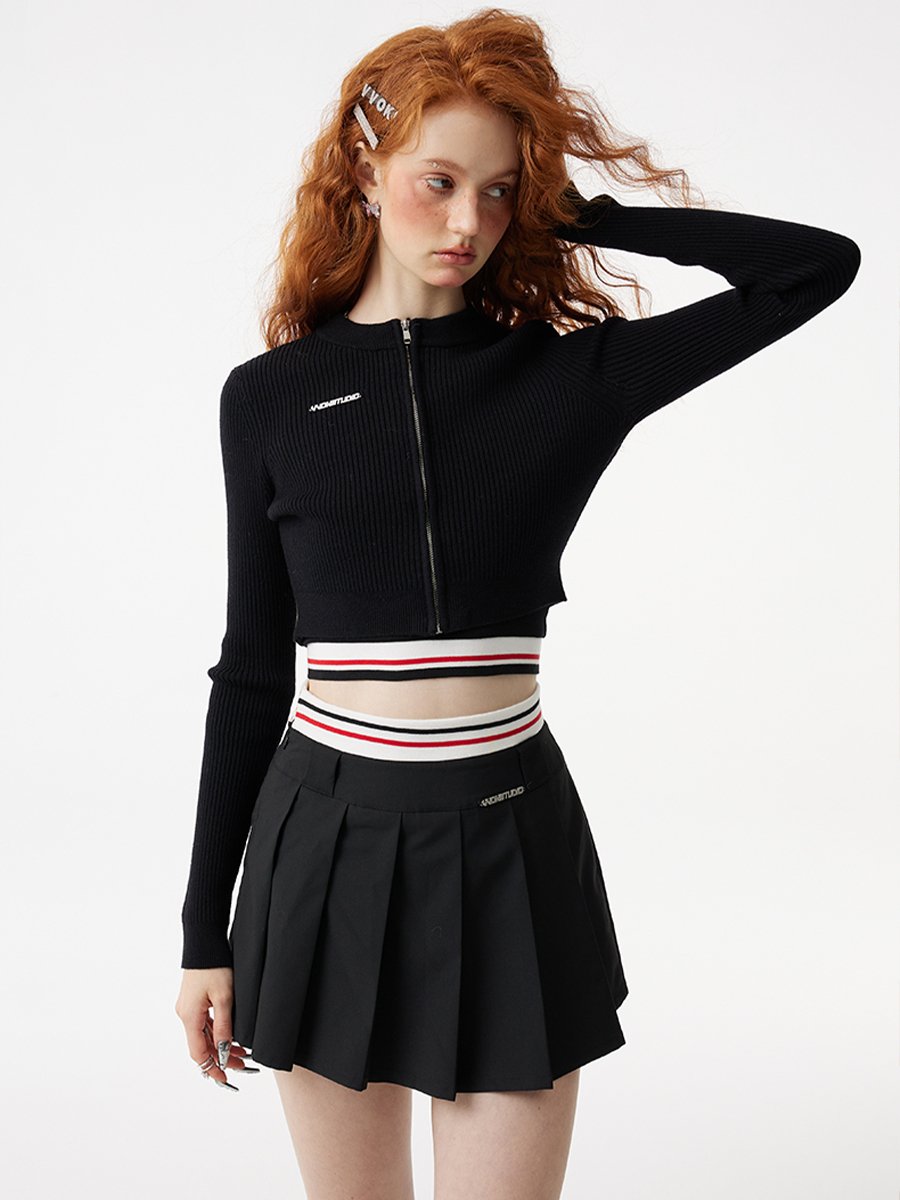 Front-Zip Crooped Jacket, Cropped Tank Top and Pleated Mini Skirt VVO0020