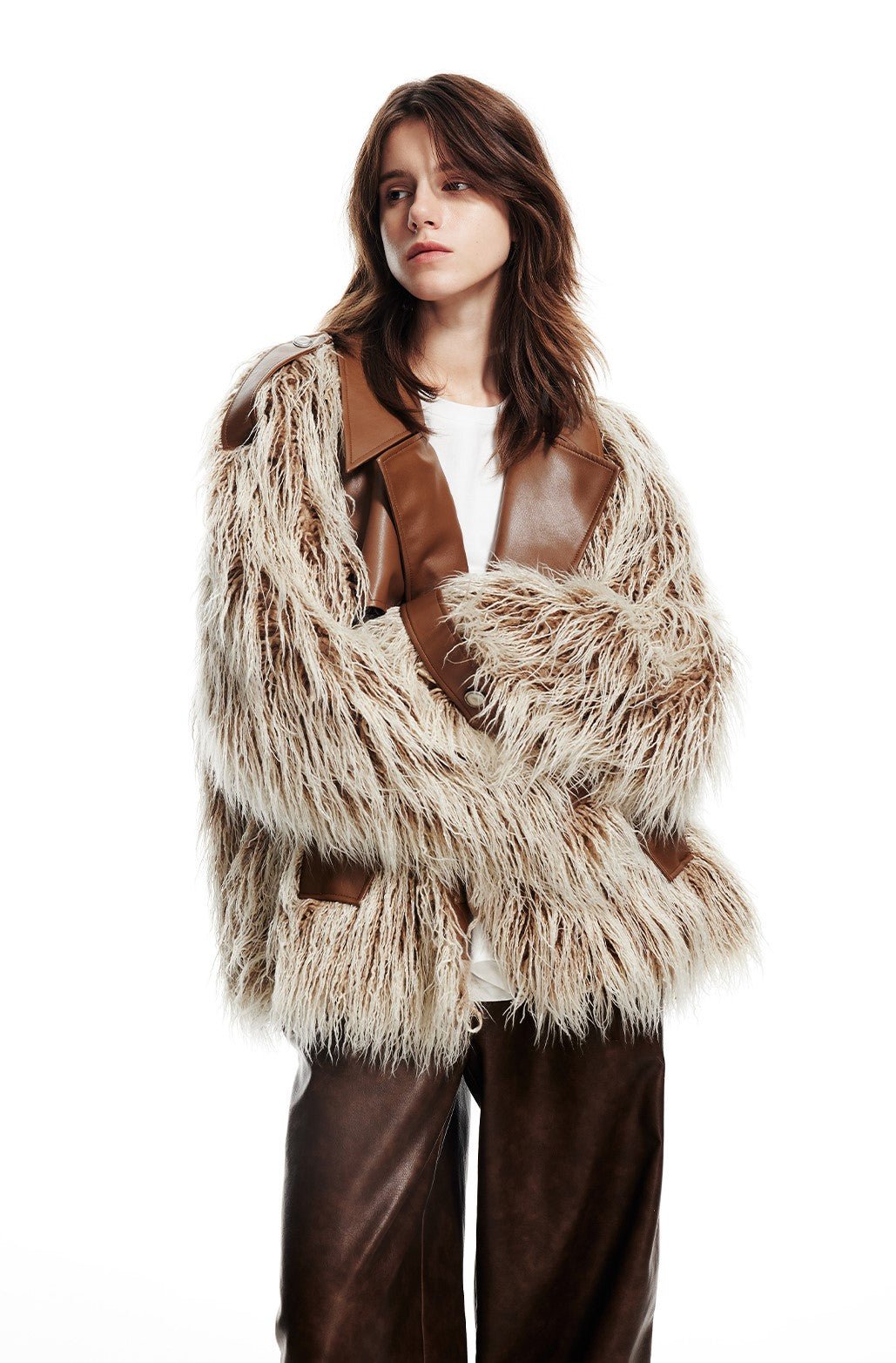 Retro Brown Contrasting Leather Fur Jacket WES0130