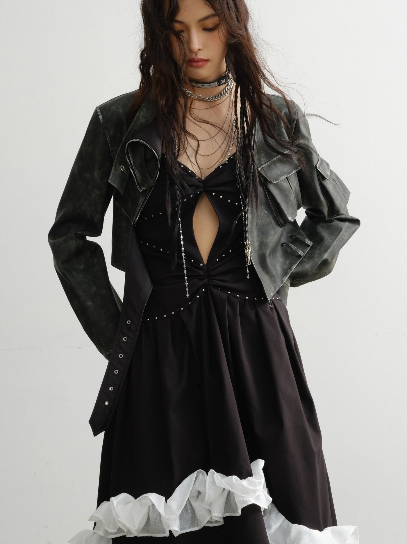 Punk Style Rivets Decorated Contrasting Lace Irregular Dress JNY0054