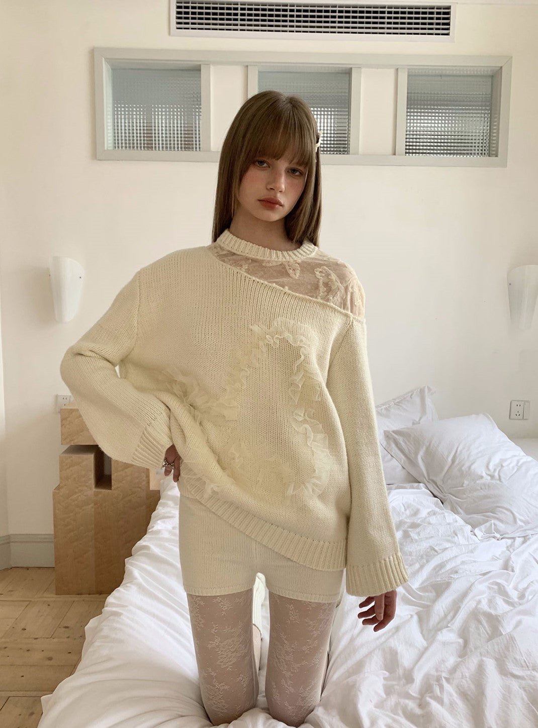 Butterfly Three-dimensional Lace Stitching Off-shoulder Hollow Knitted Sweater RUS0003