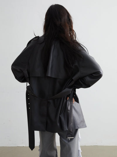 Matte Black Leather Hem Slit Short Jacket JNY0063
