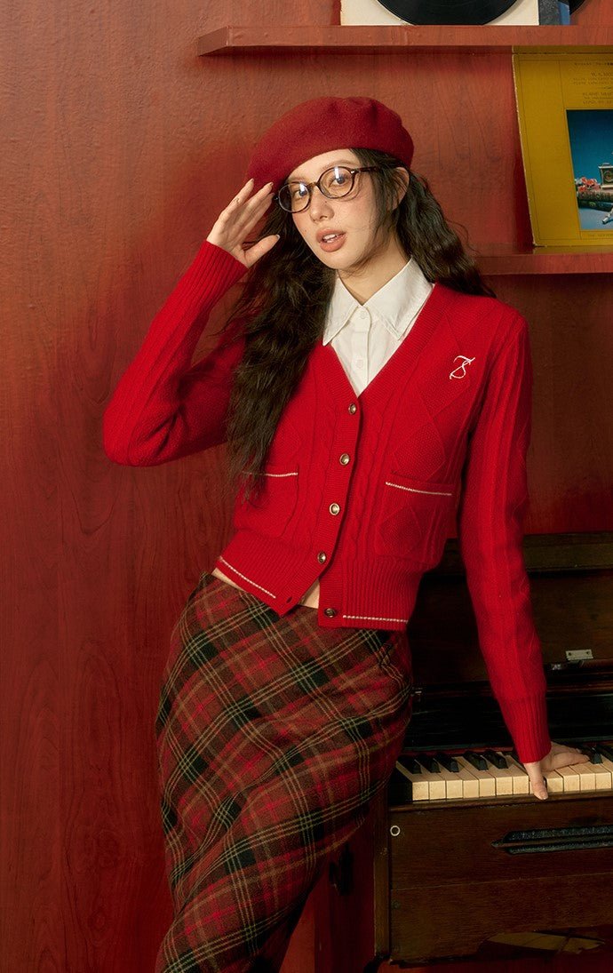 Red Knitted Cardigan/Plaid Skirt SHI0032