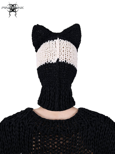Monotone Striped Face Mask with Cat Ears PIN0060