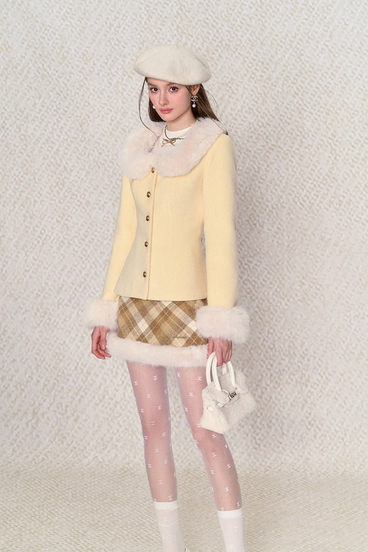 Cream Yellow Fur Collar Slim Jacket/Plaid Skirt UND0036
