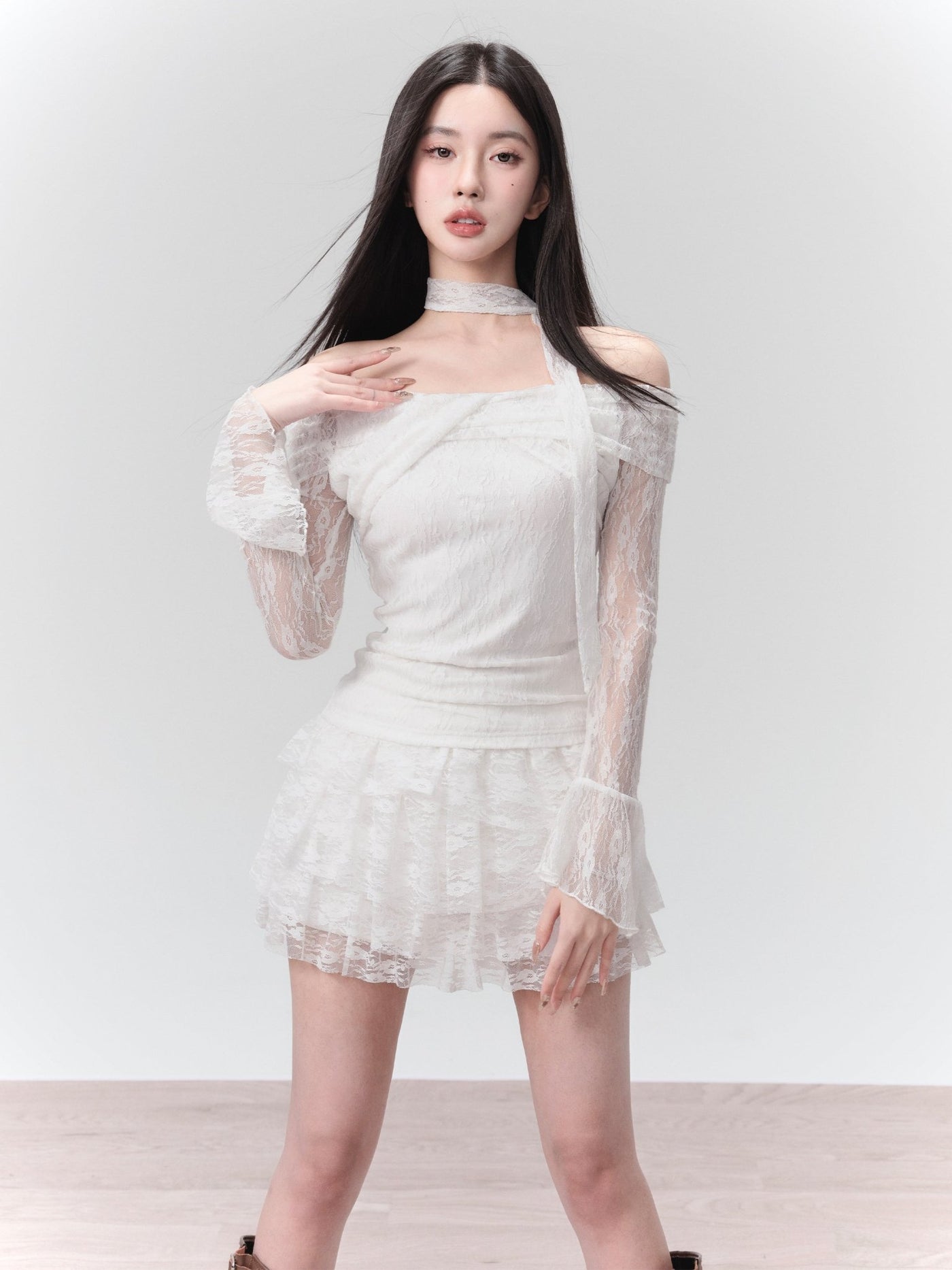 white lace knit one-shoulder tops FRA0099