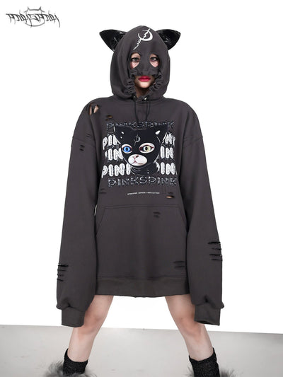 Street style sweat top with cat ears and mask hood PIN0077