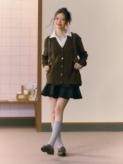 Cable-Knit V-Neck Cardigan, Shirt and Ruffled A-Line Mini Skirt SHI0012